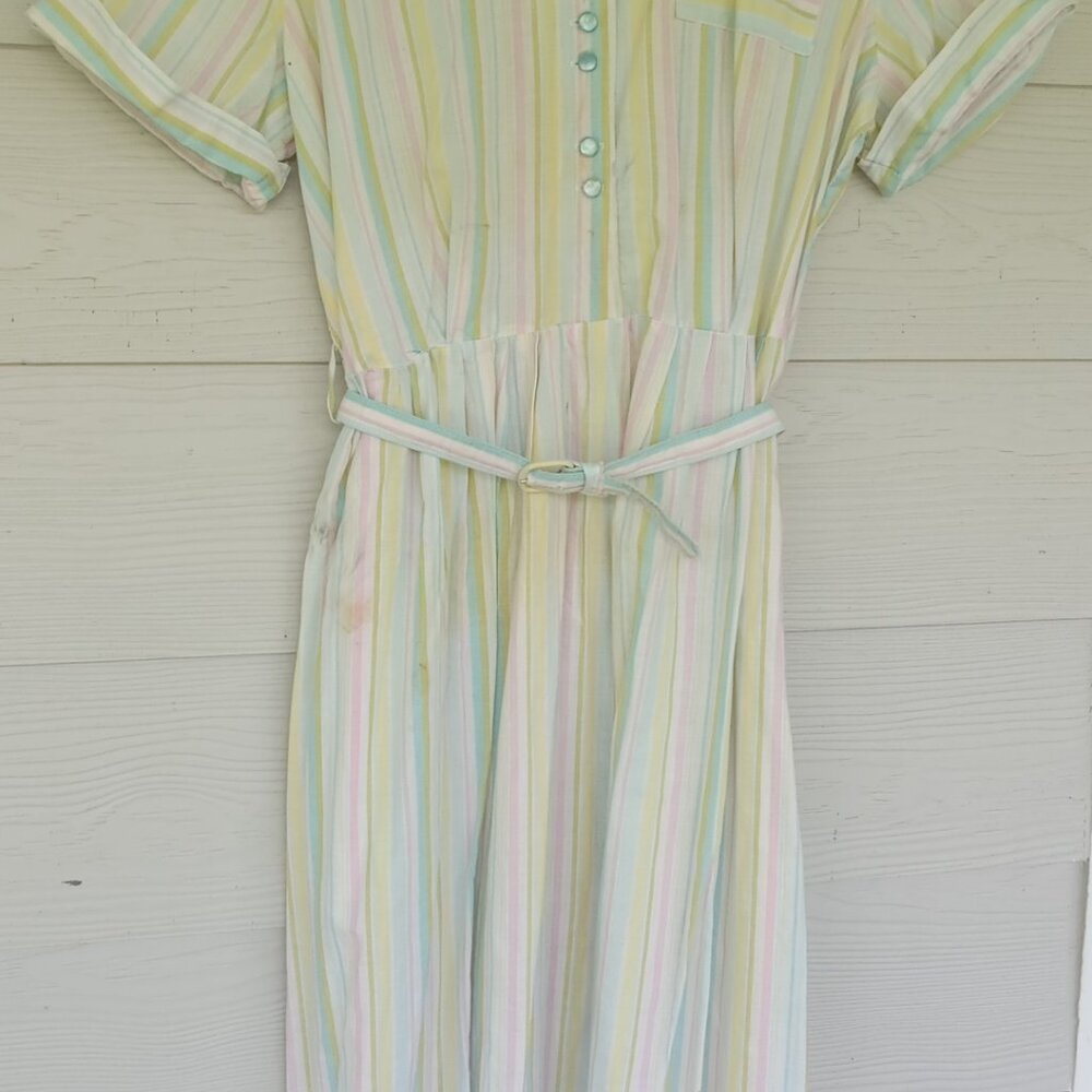 Vintage Women's Handmade Shirt Dress With Belt Pastel Stripes Buttons 40s-60s